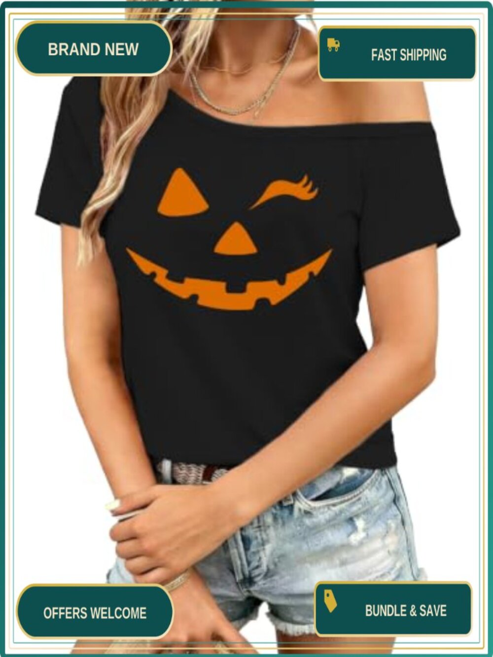 Womens Halloween Off Shoulder Jack O Lantern Graphic Tee Cropped Top